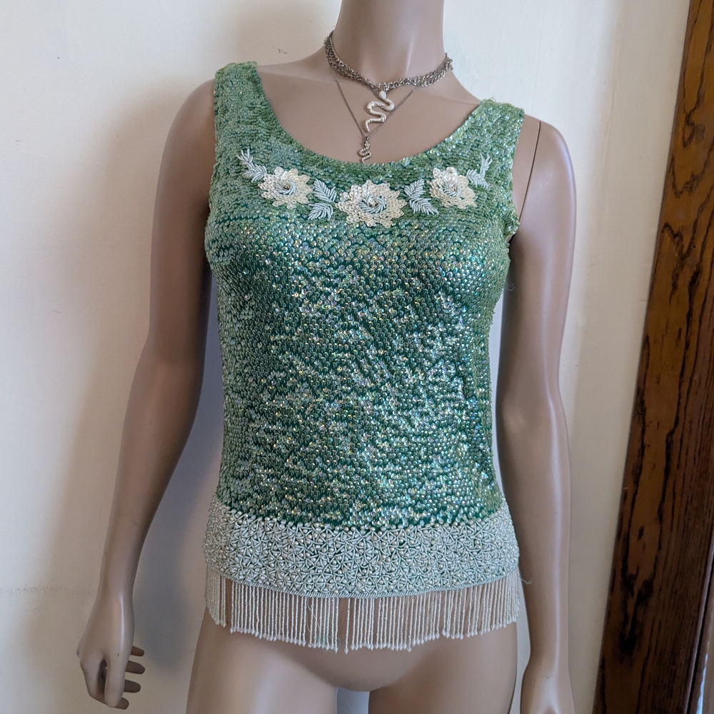 Green Beaded Sleeveless Top